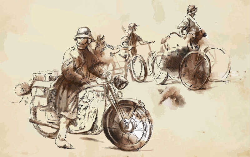 骑自行车和骑摩托车的人物手绘图
