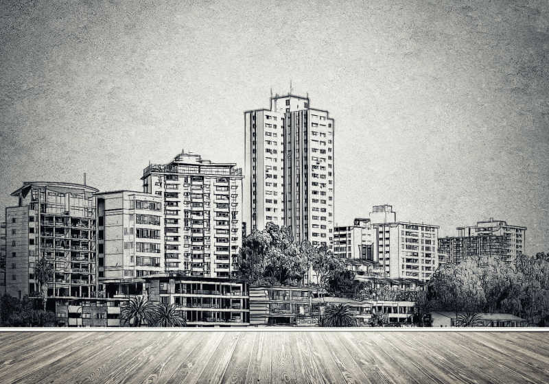 手绘城市建筑背景墙