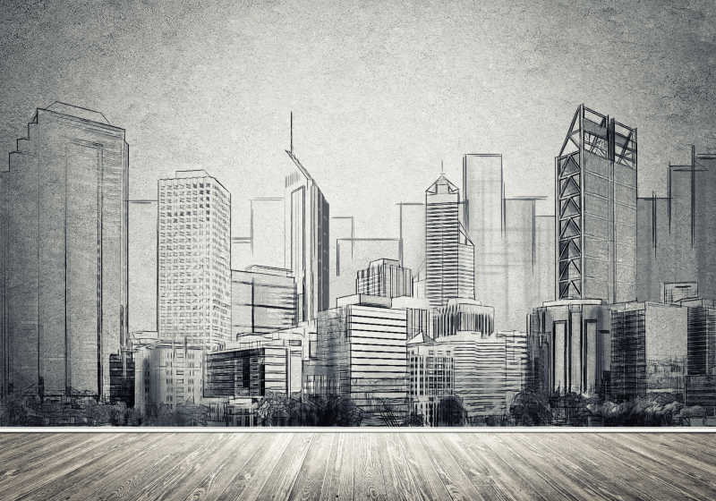 手绘的城市建筑背景墙