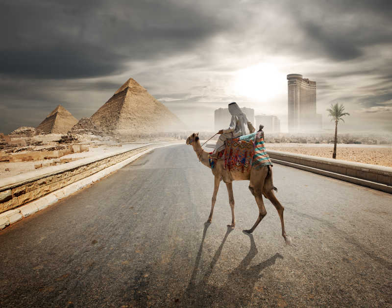 商人骑骆驼走在通往金字塔的路上