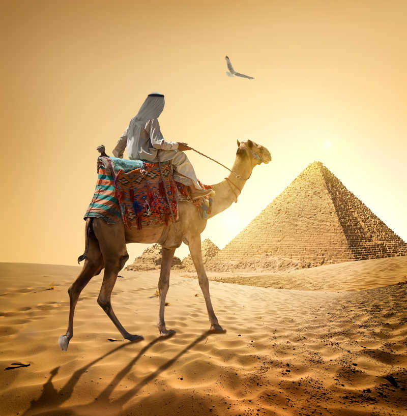 走在沙漠中的商人和骆驼
