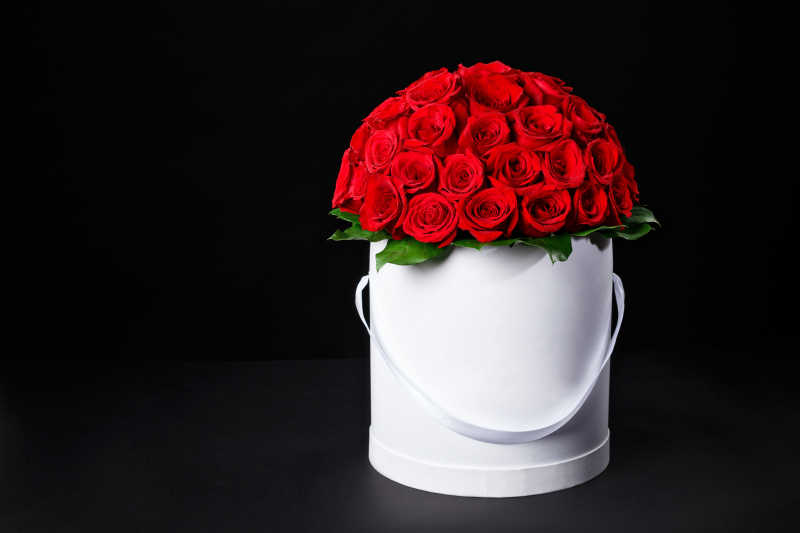 黑色背景上白色礼品盒里的红色玫瑰花束