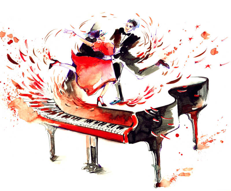 在钢琴上跳舞的舞者艺术插画