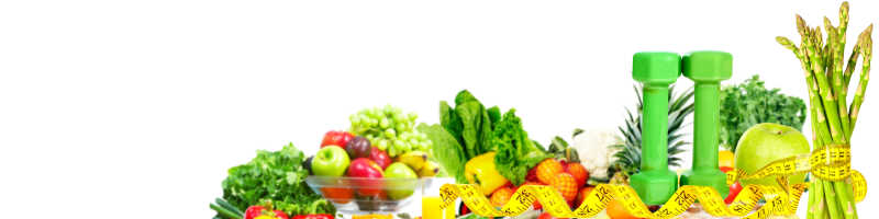健康的蔬菜和水果和哑铃