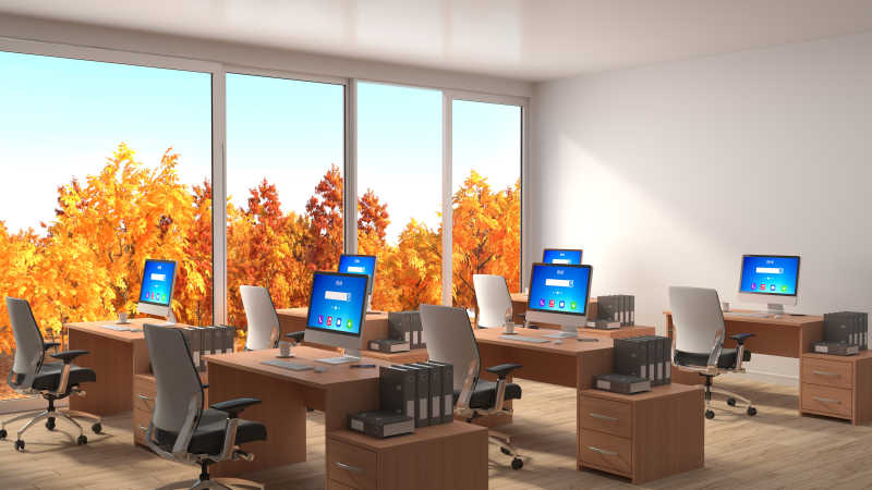 秋叶背景的明亮的办公室