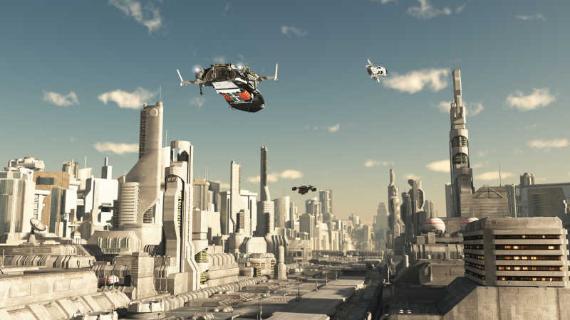 未来城市中侦察飞行的宇宙飞船