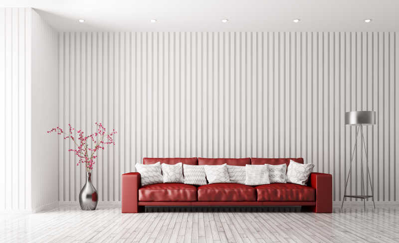 现代室内白色客厅里的红色沙发落地灯和植物装饰