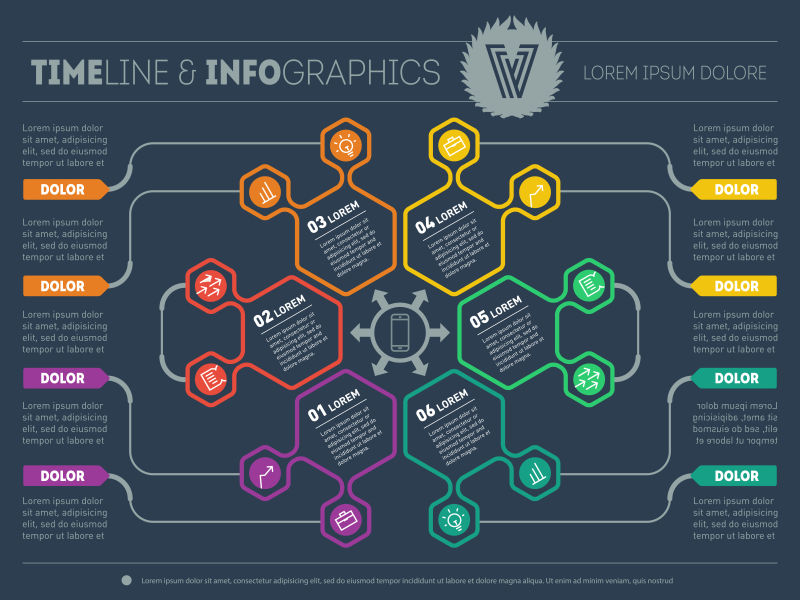 彩色六边形几何边框矢量信息图表展示模板