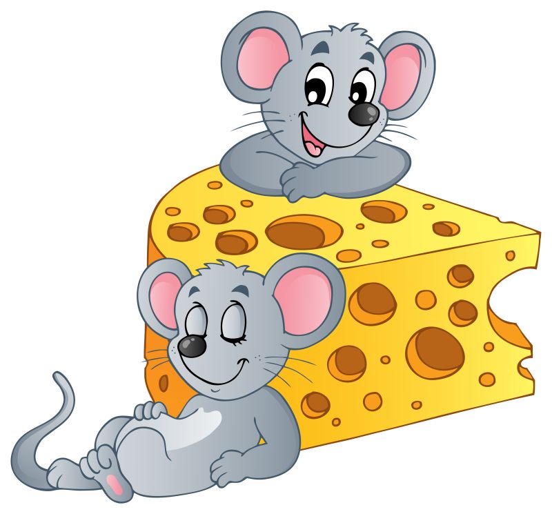 矢量卡通吃奶酪的两只灰老鼠