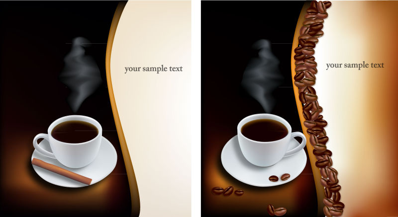 两幅不同的冒热气的咖啡矢量背景