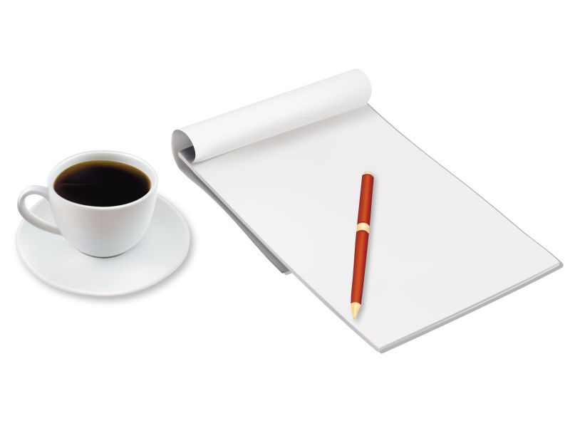 矢量白色背景上的咖啡和笔记本