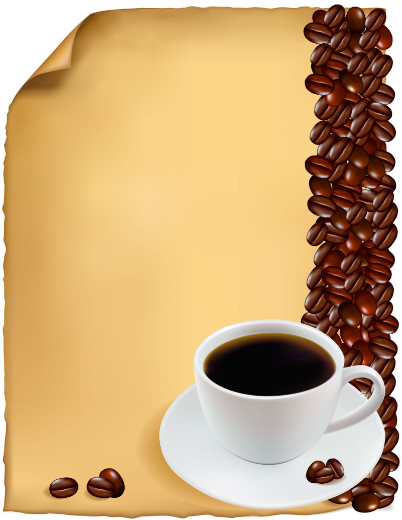 矢量咖啡和咖啡豆在牛皮纸背景上