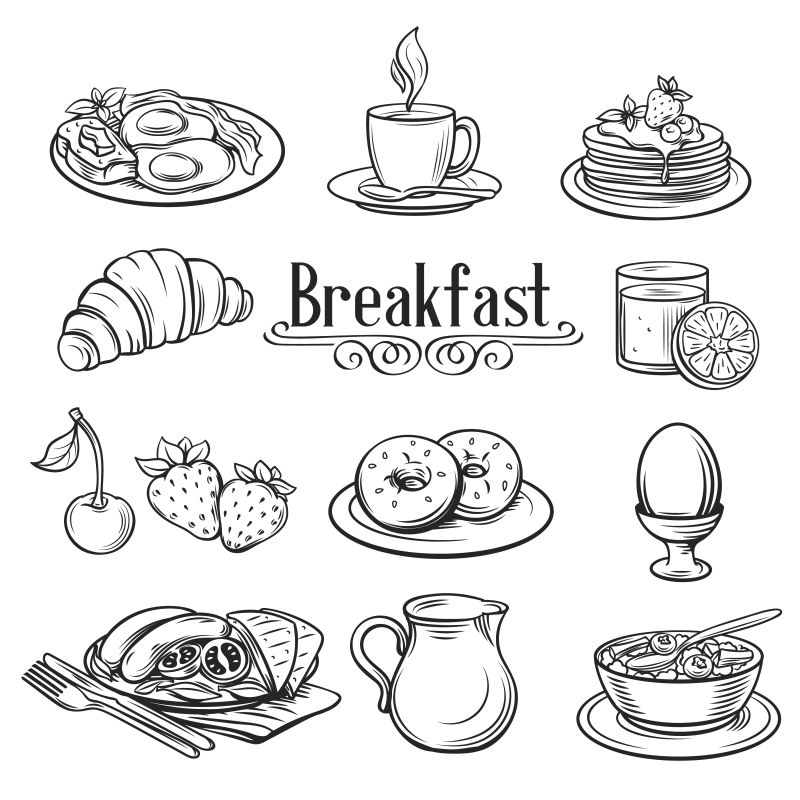 手绘的早餐食物矢量插画