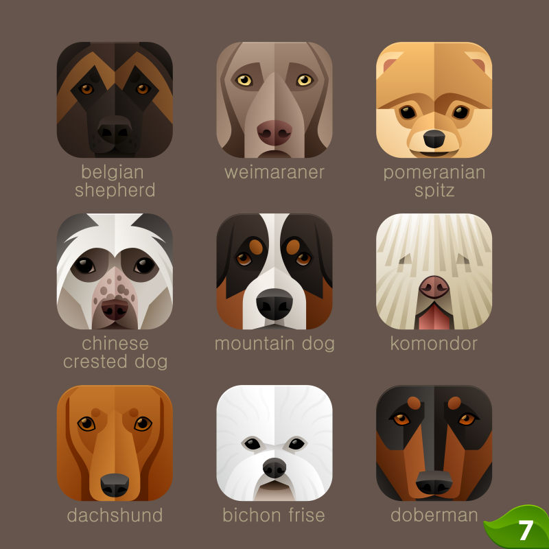 创意矢量不同品种狗脸的图标平面设计