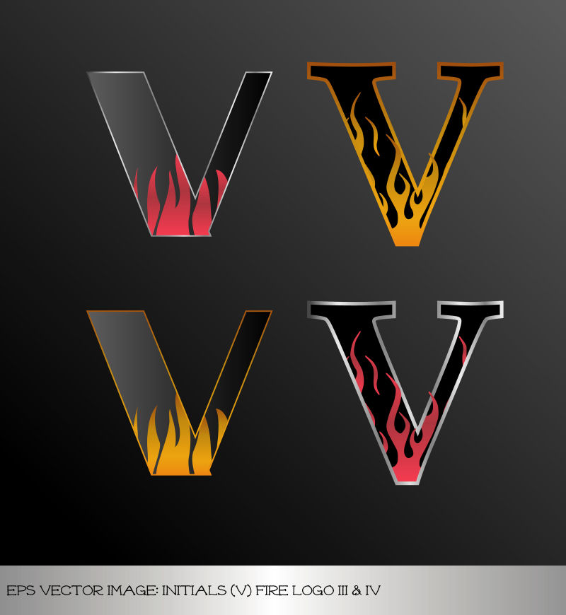 火焰纹理的字母V矢量插图设计