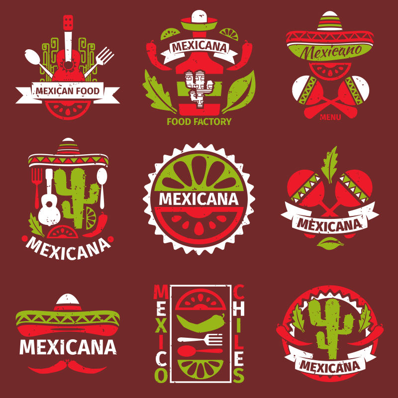 矢量墨西哥美食创意三色标签设计