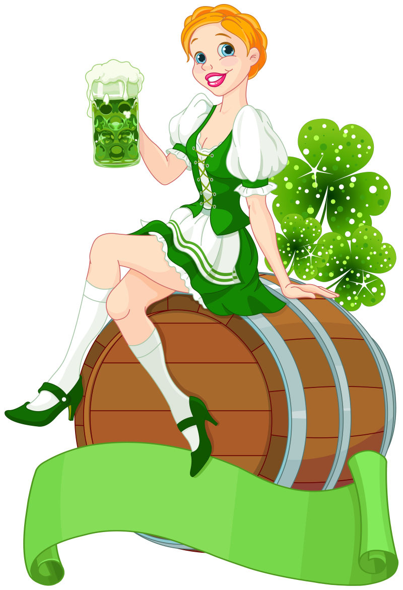 坐在小桶上的爱尔兰女孩矢量插画