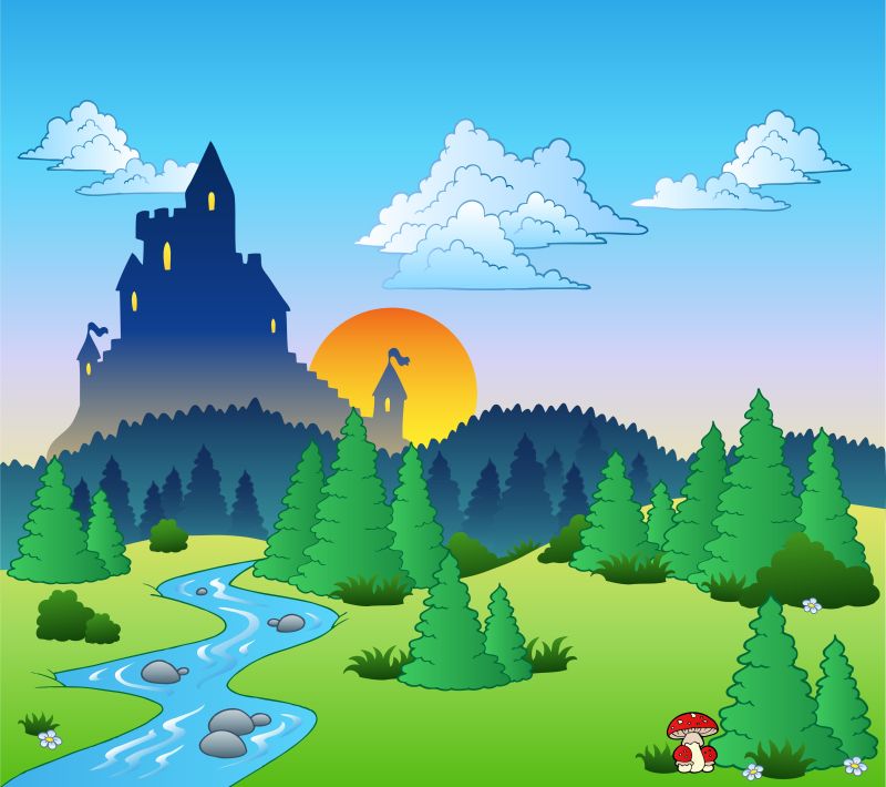 矢量童话城堡森林插图