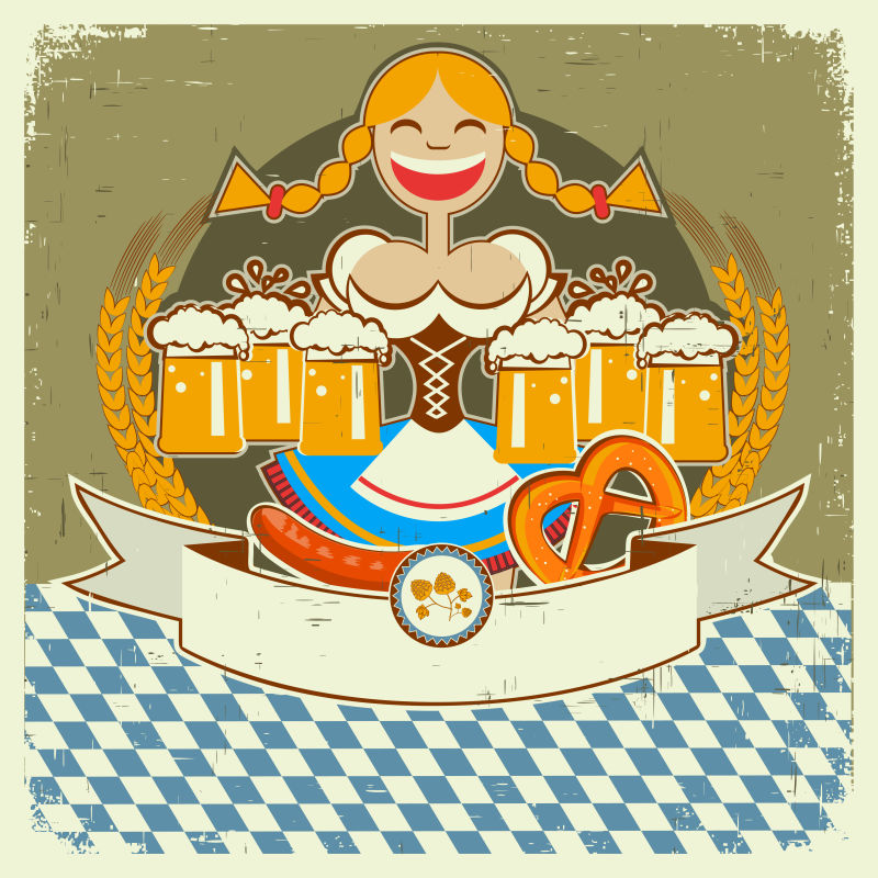 矢量复古啤酒女孩的卡通图标海报设计