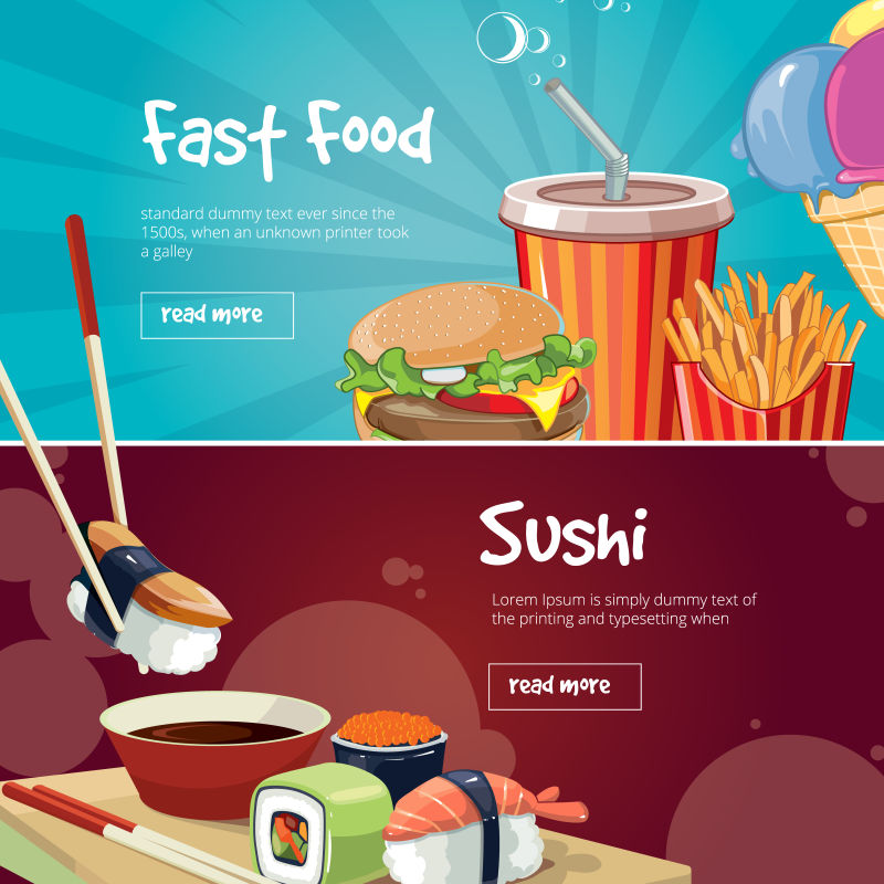 创意矢量寿司和快餐主题的海报设计