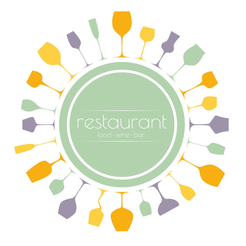 彩色酒杯元素的矢量餐厅标志设计