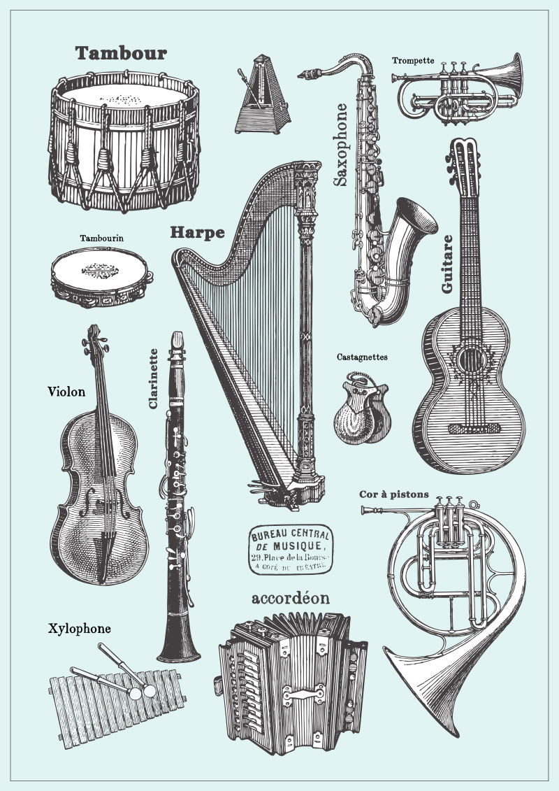 手绘风格的不同乐器矢量插画