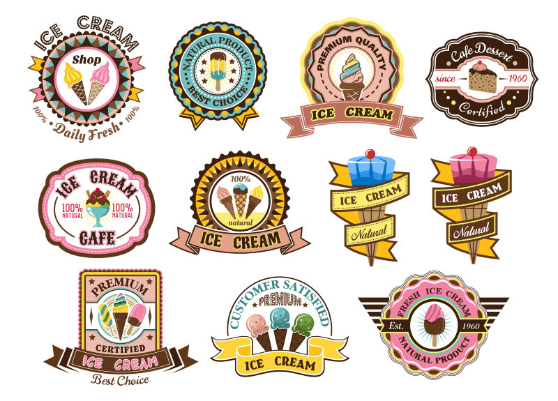 矢量彩色复古冰淇淋标签设计合集