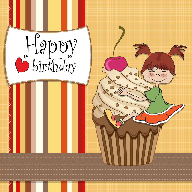 矢量有一个坐在蛋糕上的女孩的生日快乐背景
