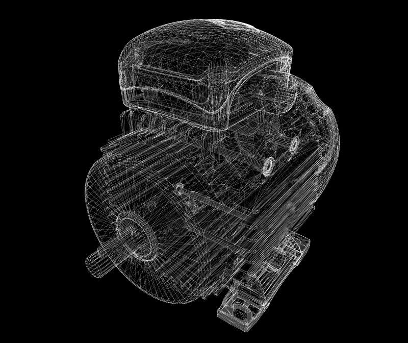 黑色背景下的电动机的黑白线条内部结构