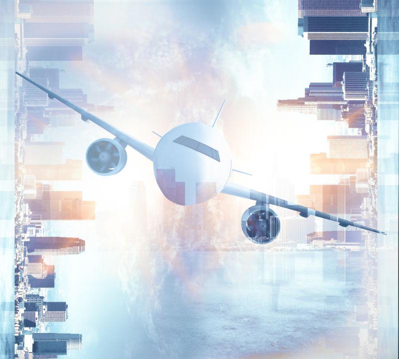 城市抽象背景下的飞机前视图双重曝光