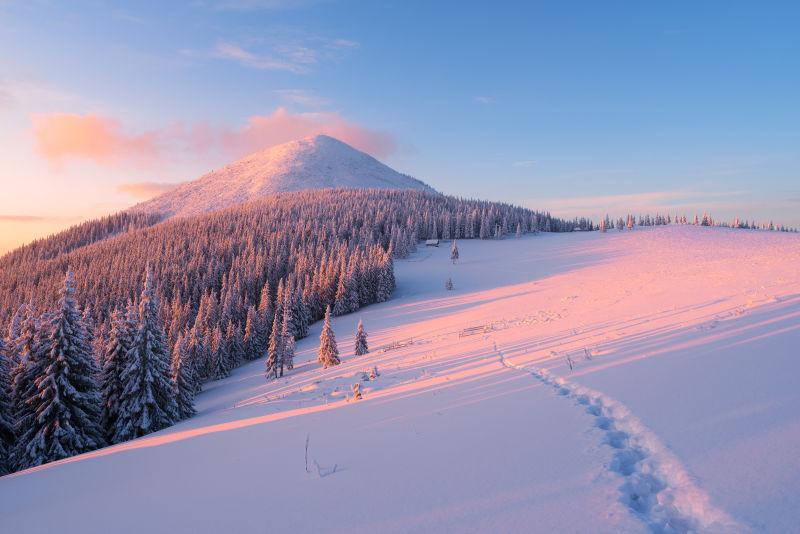 山间雪中有人行道的冬季景观