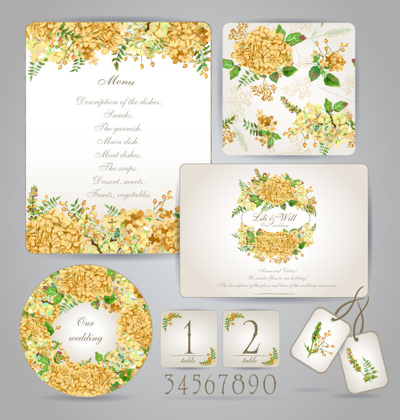 黄色绣球花装饰的矢量婚礼卡片