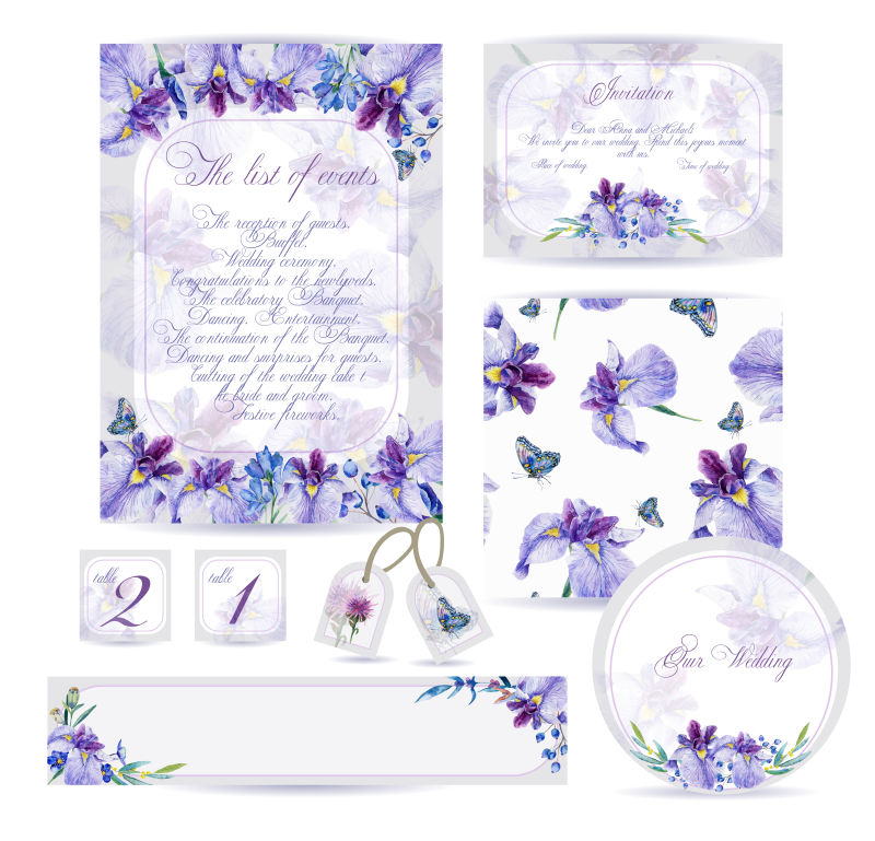 蓝色鸢尾花装饰的矢量婚礼卡片