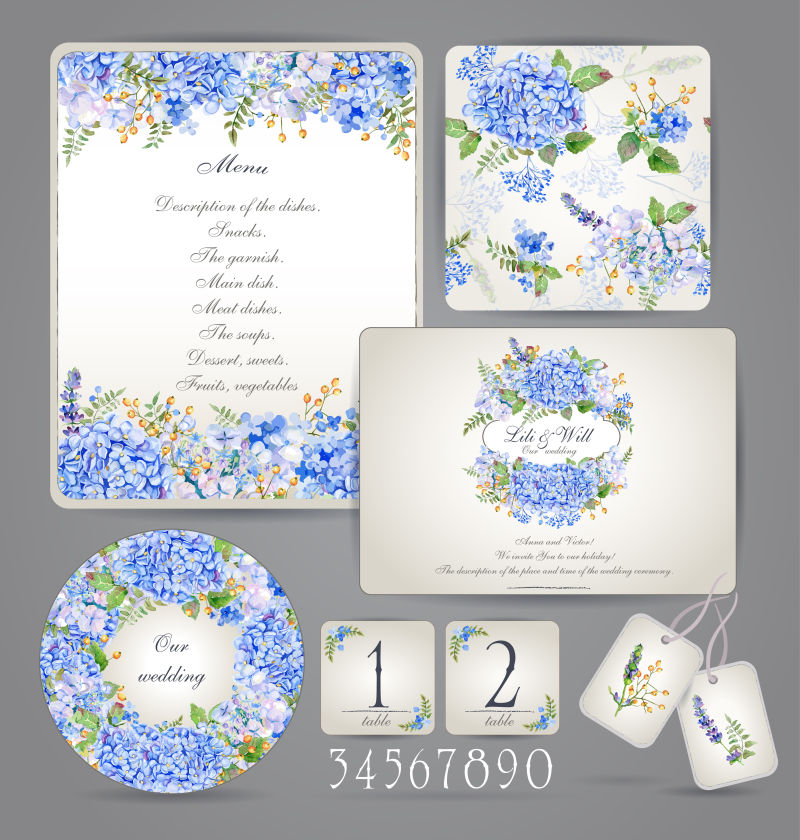 蓝色绣球花装饰的矢量婚礼卡片