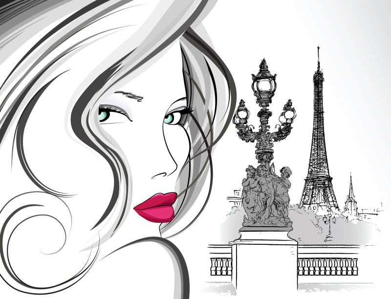 巴黎时尚女人的手绘矢量插图