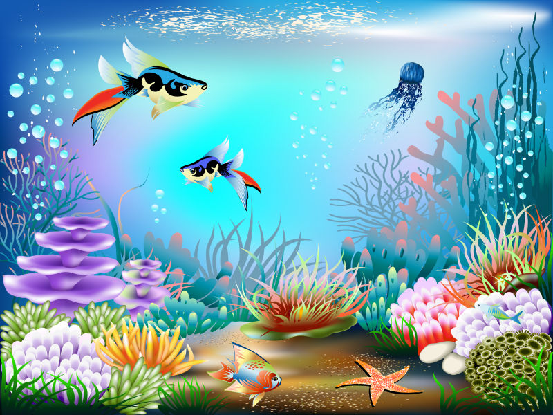 矢量鱼类和植物的水下世界设计