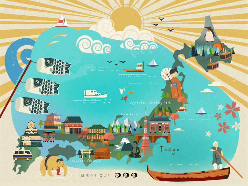 矢量日本旅游地图设计中的景点与文化符号