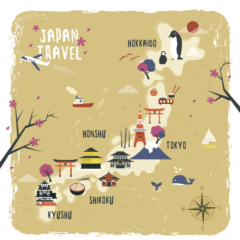 矢量可爱的日本旅游景点地图设计