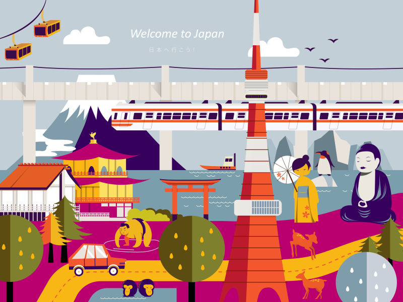 现代扁平风格的日本旅游概念的矢量海报设计