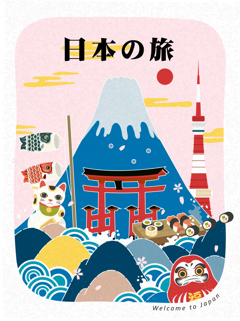 矢量可爱的日本地标旅游海报设计