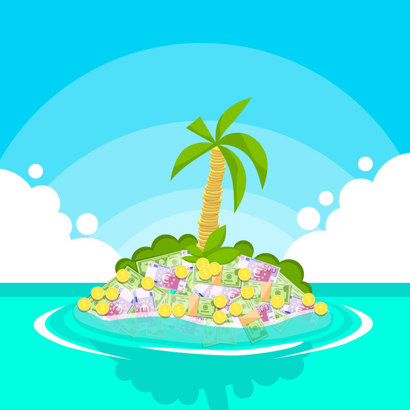 堆满金币的热带岛屿矢量插图