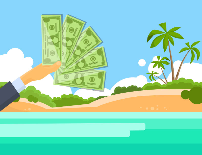 热带岛屿背景下拿着美元的手矢量插图