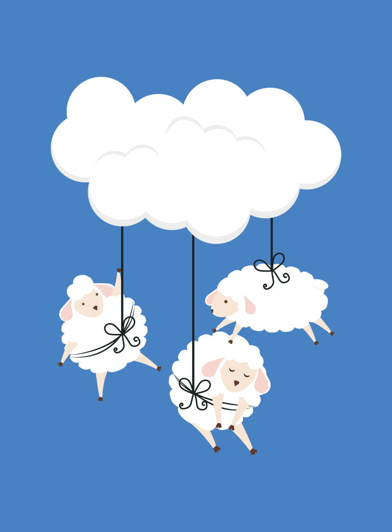 挂在云彩上的绵羊矢量卡通插图