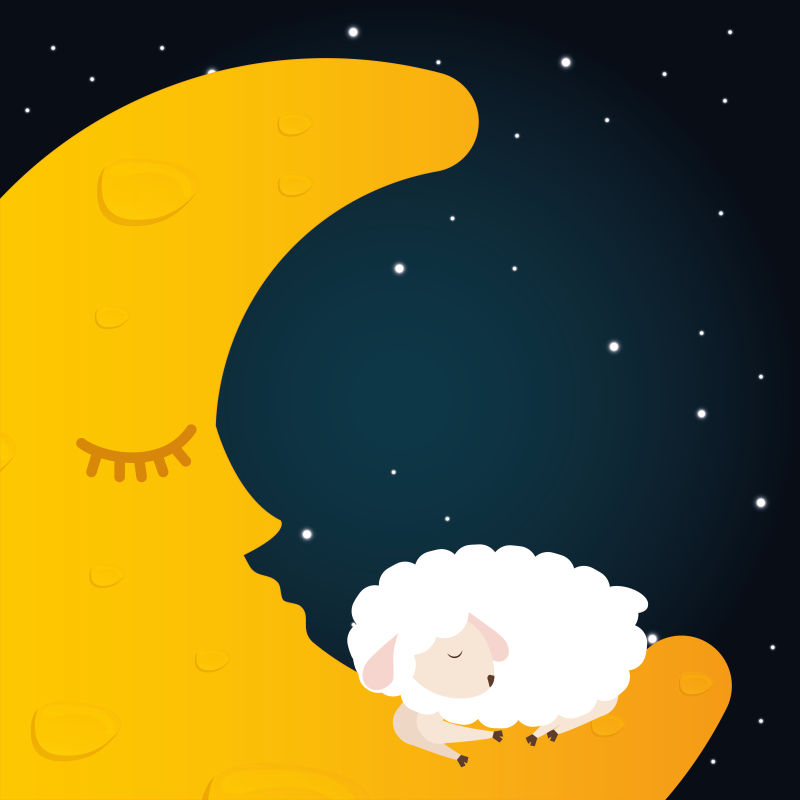 睡在月亮上的绵羊矢量卡通插图