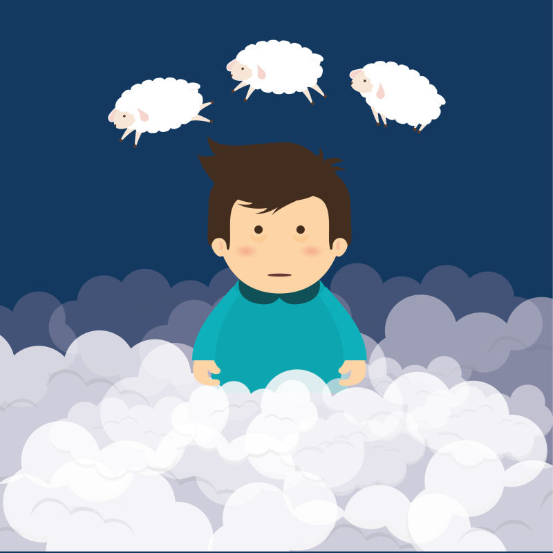 坐在云朵上数羊的小男孩矢量卡通插图