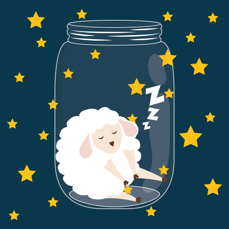 星星背景下睡在瓶子里的绵羊矢量卡通插图