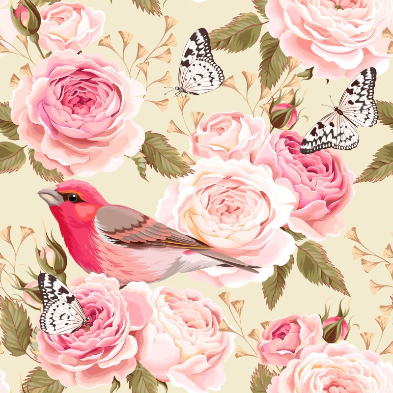 创意矢量粉色花卉和小鸟的背景