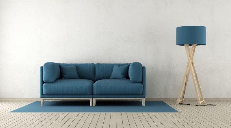 蓝色沙发和木质地板的室内三维设计