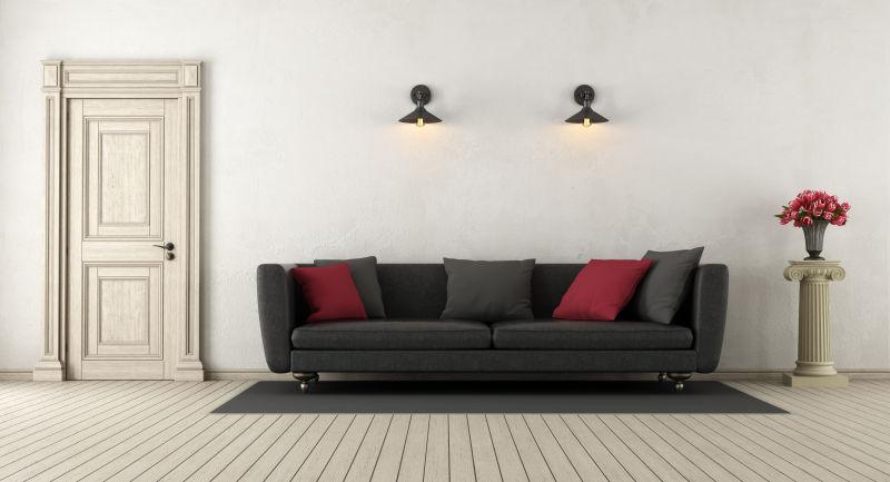 黑色沙发木地板的客厅内部三维设计效果