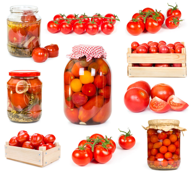 白色背景前的各种自制番茄罐头